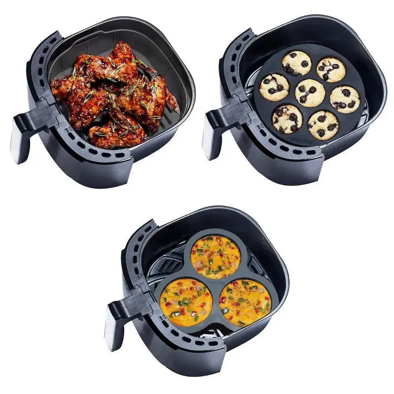 Gourmia Reusable 3pc Silicone Air Fryer Accessory Set with Basket Liner, Egg Bites Mold & Muffin Pan: Dishwasher-Safe, Hand Wash, Black, 1.49 lbs gourmia