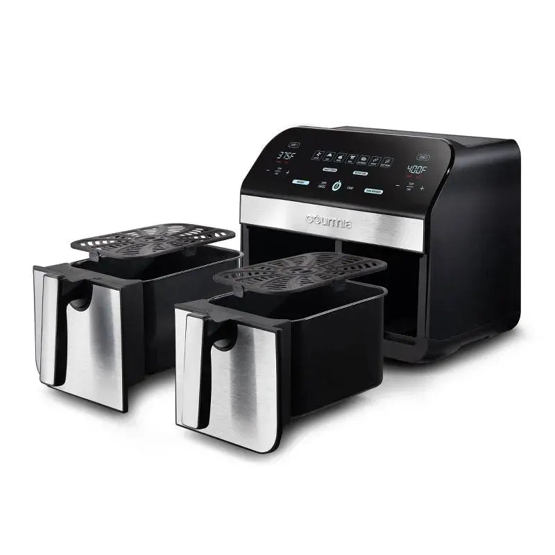 Gourmia 10-Qt. Dual Basket Digital Air Fryer with Smart Finish & Match Cook Black Stainless Steel: 1-Year Warranty, Dishwasher-Safe Parts gourmia