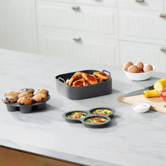 Gourmia Reusable 3pc Silicone Air Fryer Accessory Set with Basket Liner, Egg Bites Mold & Muffin Pan: Dishwasher-Safe, Hand Wash, Black, 1.49 lbs gourmia