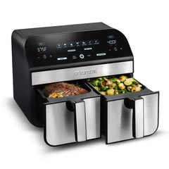 Gourmia 10-Qt. Dual Basket Digital Air Fryer with Smart Finish & Match Cook Black Stainless Steel: 1-Year Warranty, Dishwasher-Safe Parts gourmia