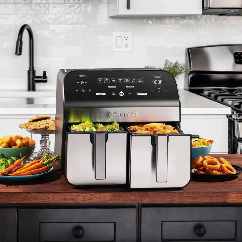 Gourmia 10-Qt. Dual Basket Digital Air Fryer with Smart Finish & Match Cook Black Stainless Steel: 1-Year Warranty, Dishwasher-Safe Parts gourmia