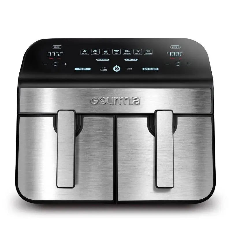 Gourmia 10-Qt. Dual Basket Digital Air Fryer with Smart Finish & Match Cook Black Stainless Steel: 1-Year Warranty, Dishwasher-Safe Parts gourmia